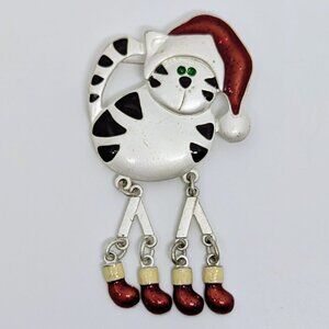 Vintage Signed NR Cat Christmas Brooch Pin Dangling Stockings Red White Enamel S